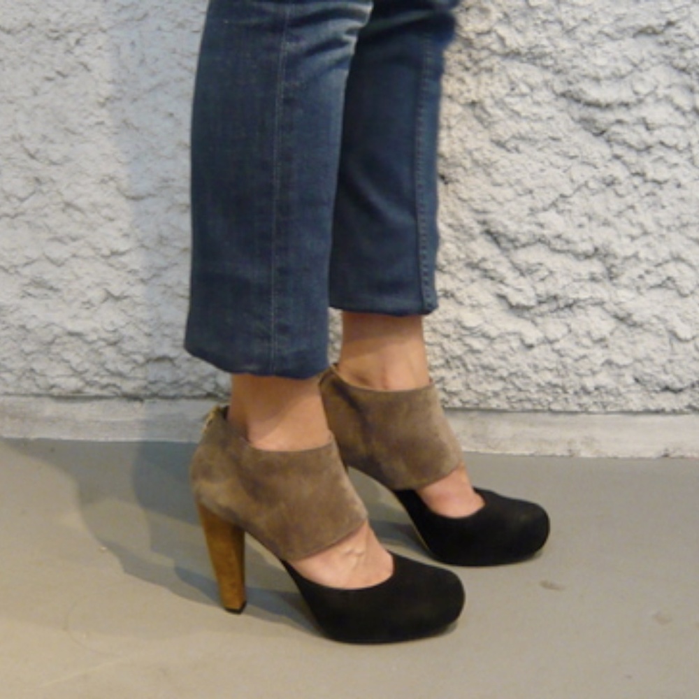 Loeffler Randall Black and Taupe Suede Two-Tone Platform Pumps
